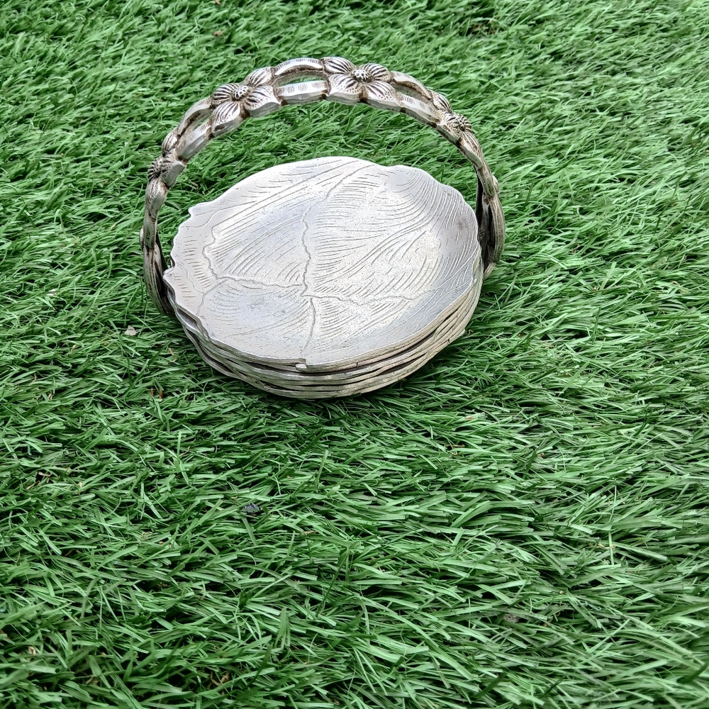 Rodney Kent Silver Co DOGWOOD/CABBAGE Vintage Hammered Aluminum COASTER SET